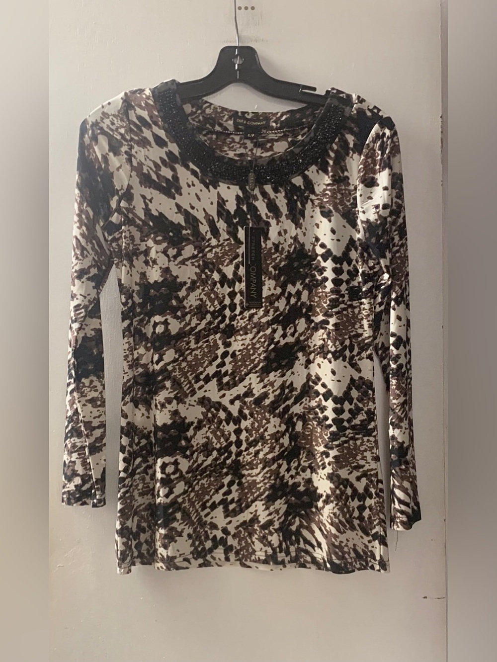 DKR Apparel Beaded Neckline Long Sleeve Top-Taupe Snake Print
